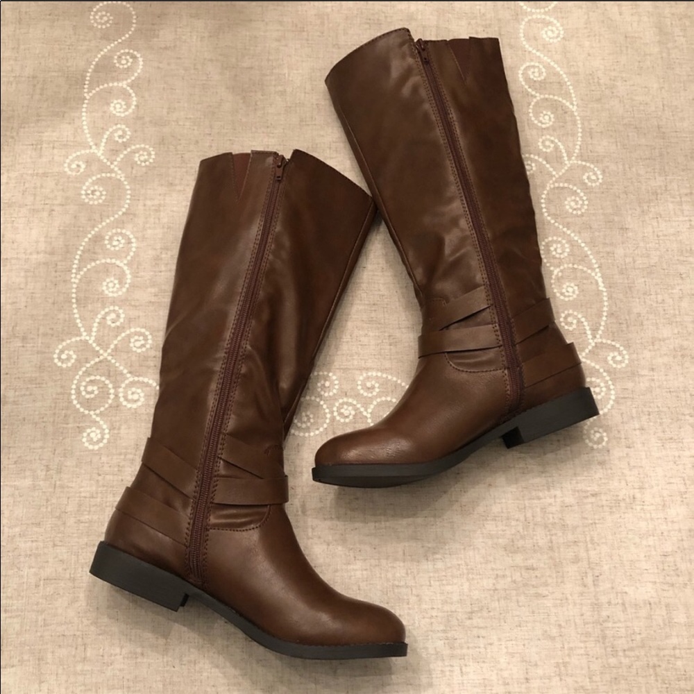 Brown Tall Vegan Leather Riding Boots w Buckle - Picture 6 of 8